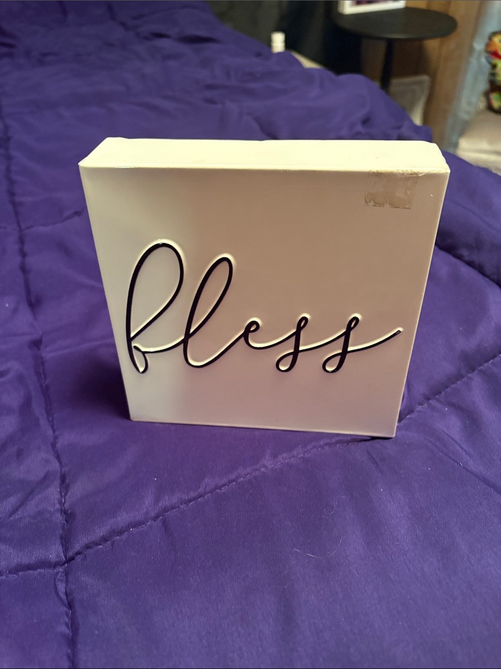 'Bless' Decorative Metal Sign in White with Black Scripture